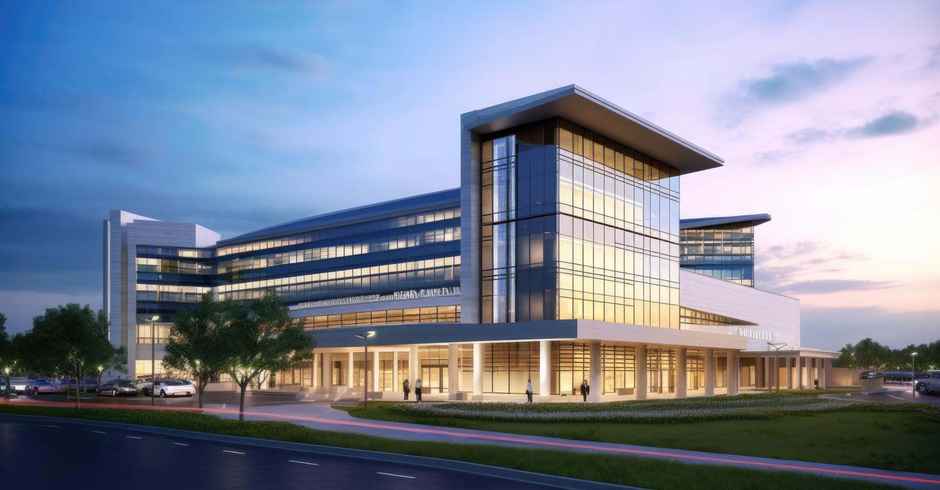 A high tech hospital with glass windows