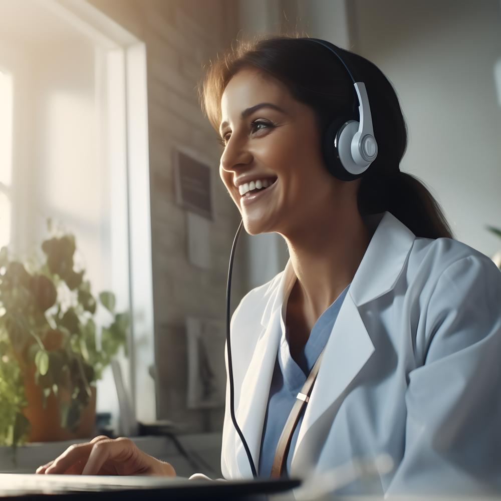 A woman with headphones on smiling 
