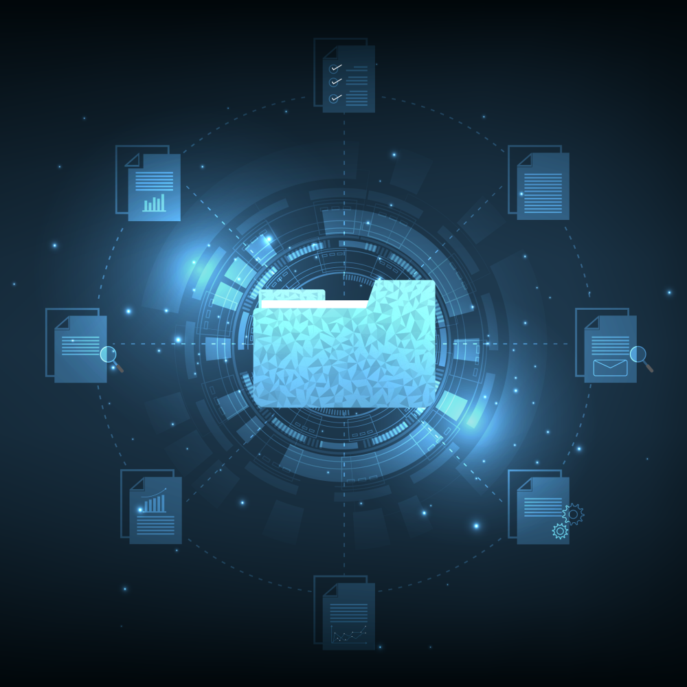 A blue holographic folder